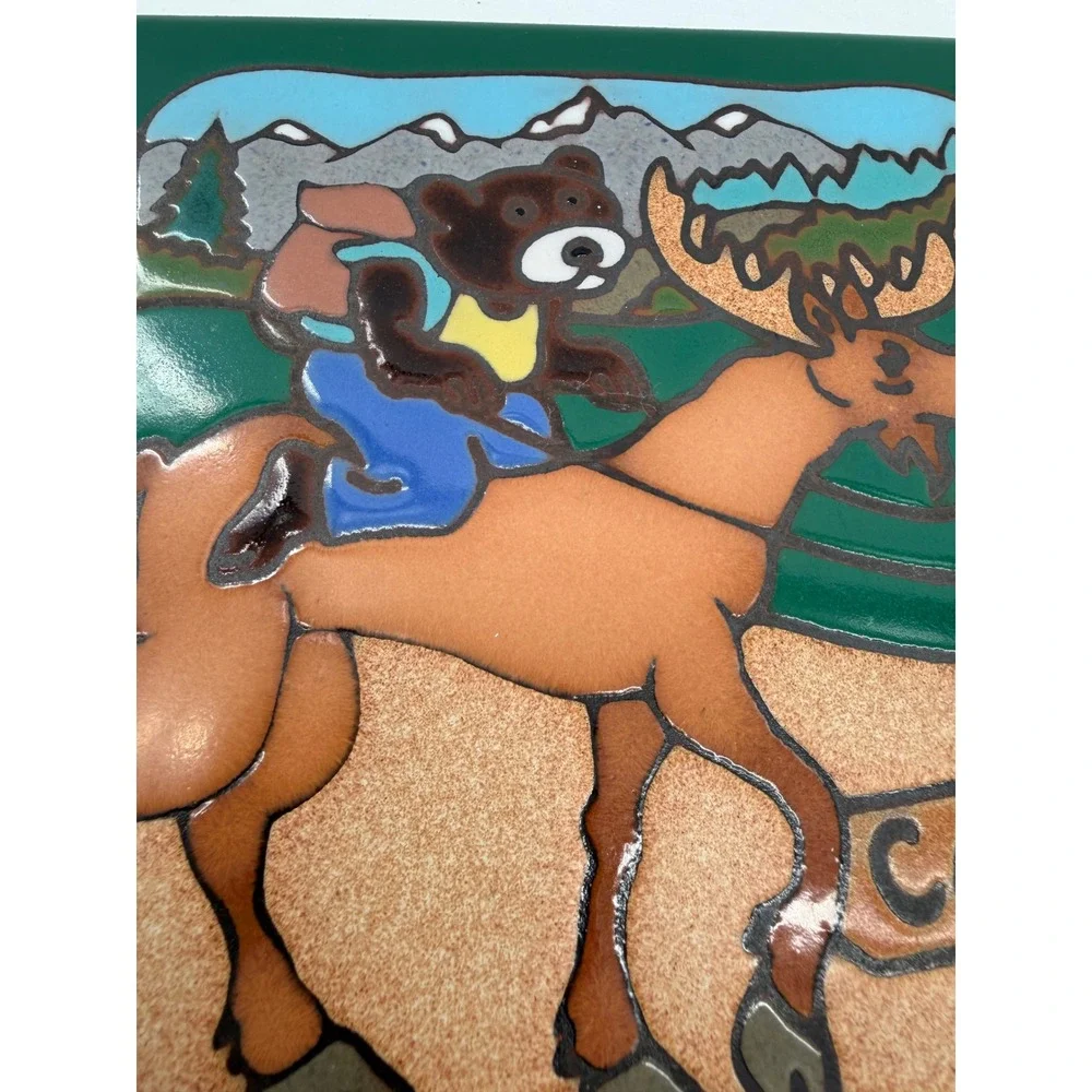 Masterworks Ceramic Tile Trivet 6in Green Bear Riding Moose Vintage Art Decor